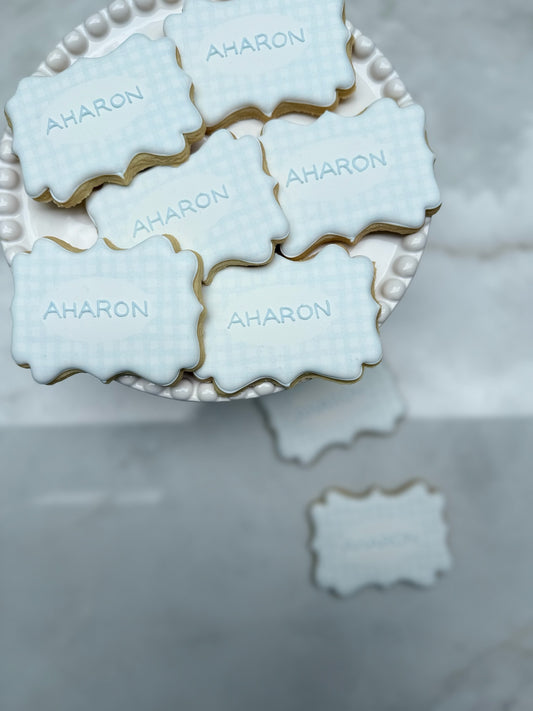 Gingham hand piped name cookie- 1 dozen