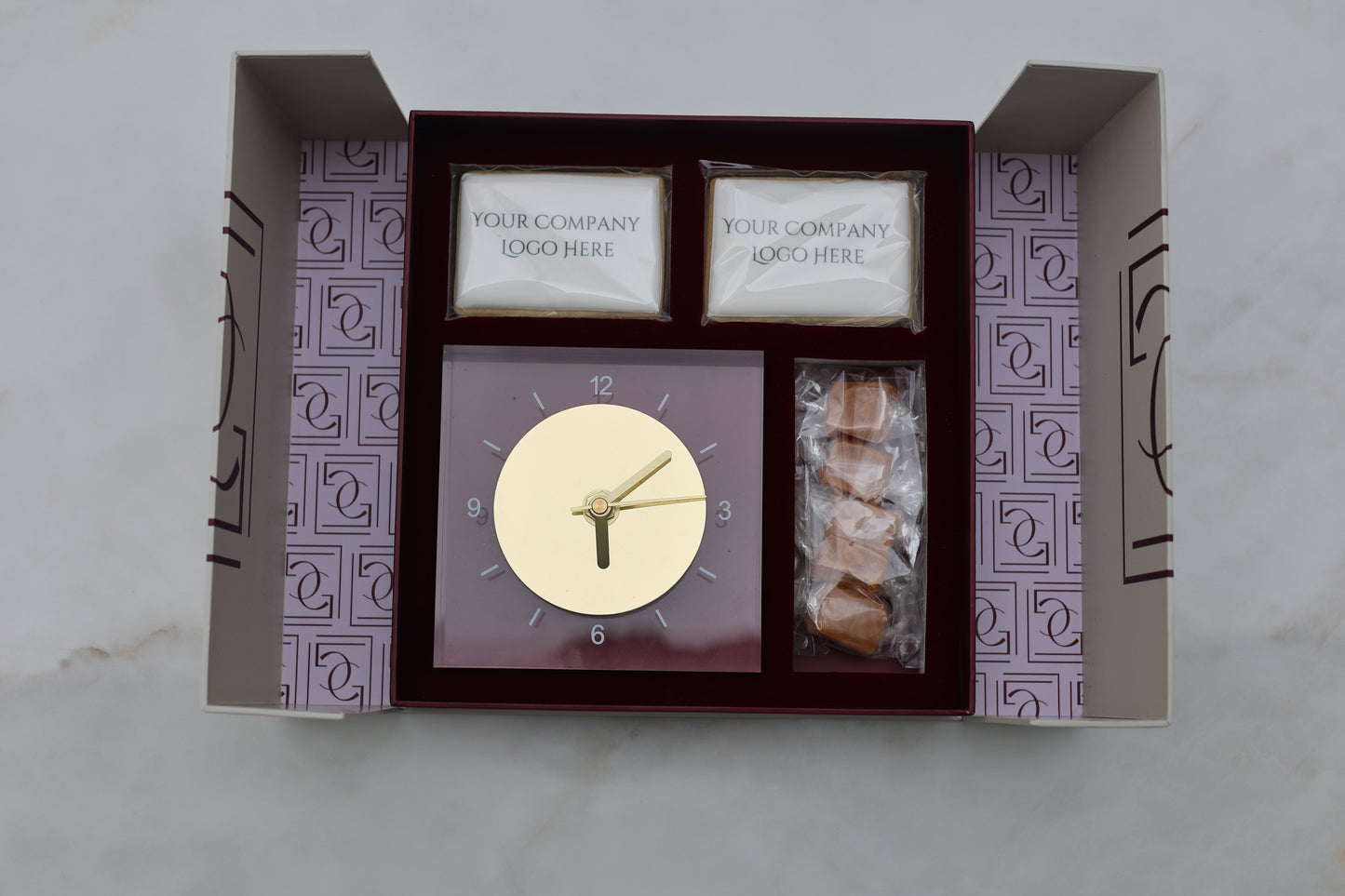 Corporate acrylic clock gift box with custom cookies