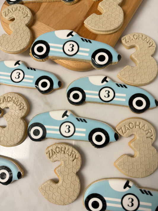 Custom race car and 3 cookies- 1 dozen