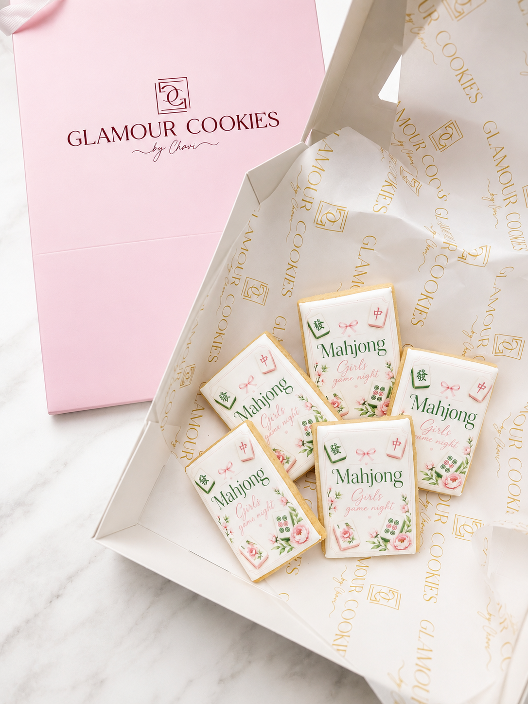 Girls game night Mahjong cookies- Box of 5 (pink floral)