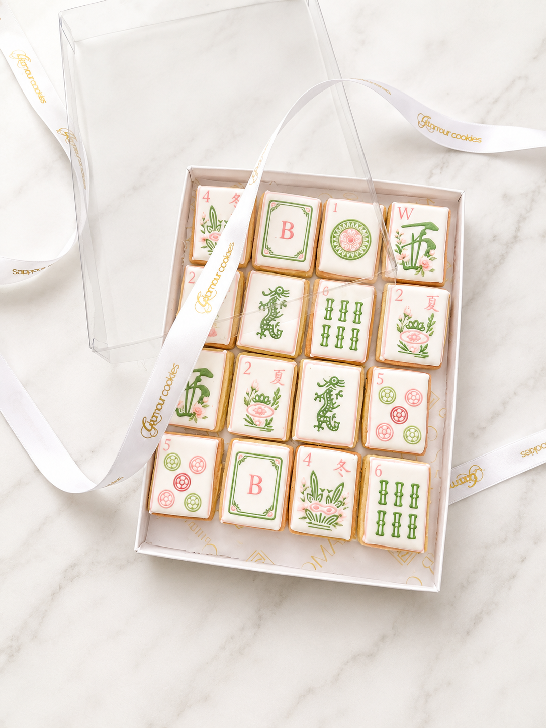 Mahjong tile (pink floral) cookie gift box