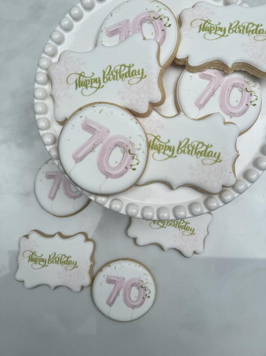 Pink birthday cookies printed/ 1 dozen