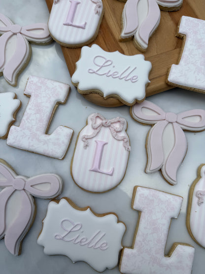 Toile bow themed cookie set pink - 2 dozen