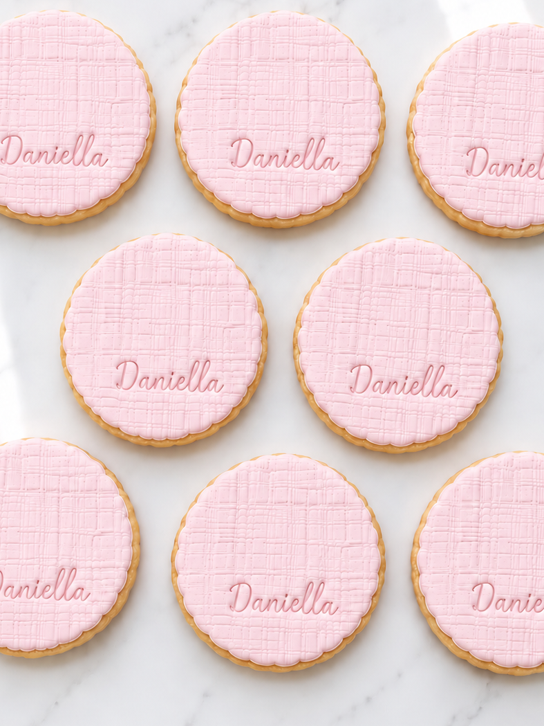 Scalloped baby, linen texture initial fondant cookies