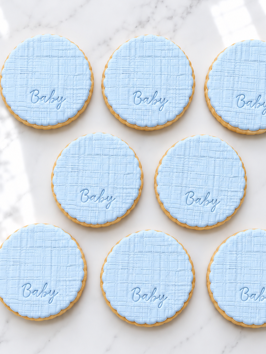 Scalloped baby, linen texture initial fondant cookies
