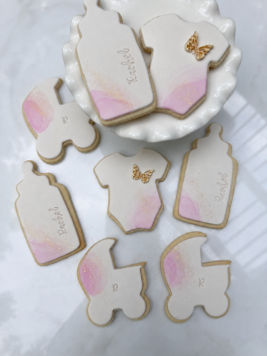 Watercolor gold fondant baby cookies 1 Dozen